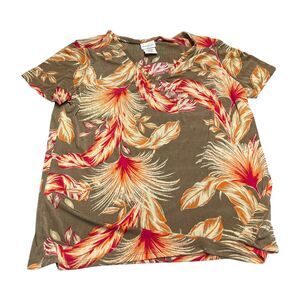 Jaclyn Smith T-Shirt Women's Large Multicolor Floral Stretch V-Neck Short Sleeve